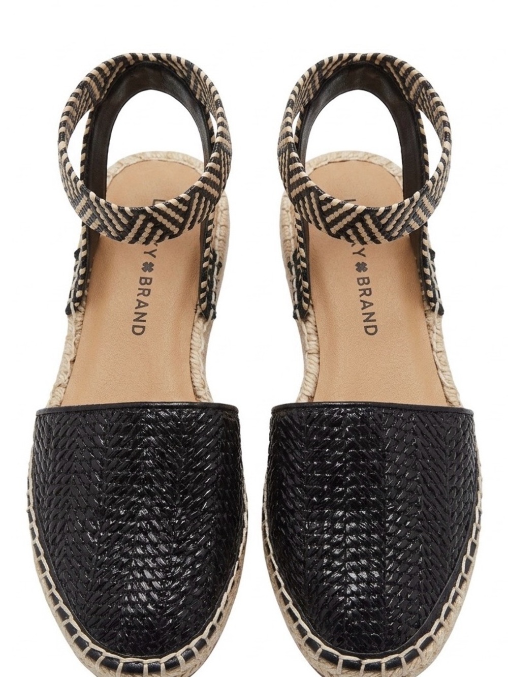 Lucky Brand Renka Black Leather Espadrille Ankle Strap Sandals Boho Chevron